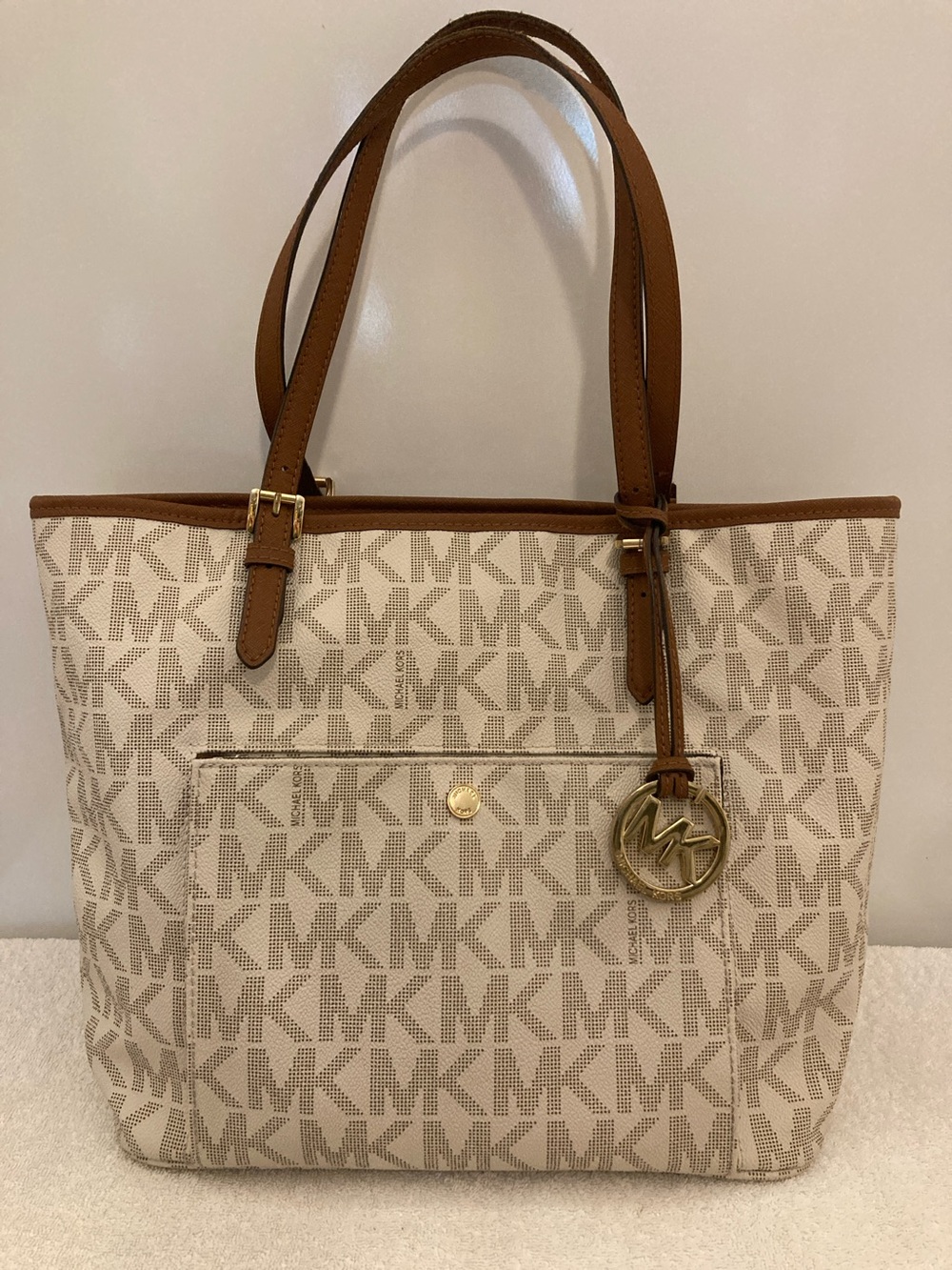 Michael Kors Beige Brown Logo Canvas Tote with Hang Charm 🤎